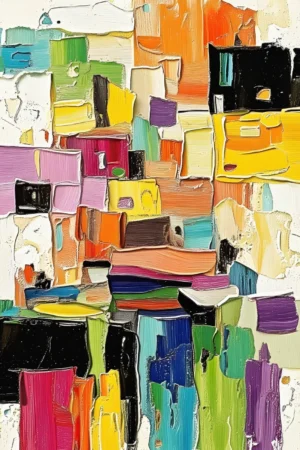 Lienzo de arte abstracto geométrico estilo mosaico con bloques de colores naranja, fucsia, amarillo, azul, verde y negro sobre fondo blanco texturizado.