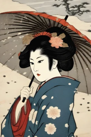 Lienzo de arte japonés Ukiyo-e de geisha con sombrilla roja bajo la nieve, kimono azul pizarra y copos de nieve cayendo