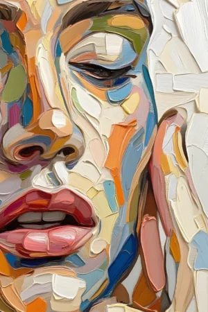 Lienzo decorativo de arte contemporáneo, primer plano de rostro con técnica impasto, labios entreabiertos con dientes visibles, en tonos naranjas, azules, rosas, blancos y marrones