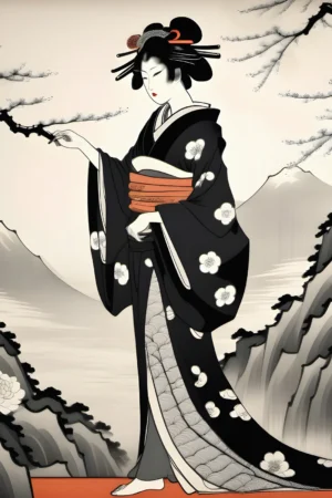 geisha japonesa sobre paisaje montañoso