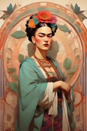 "Retrato ilustrado de Frida Kahlo con corona de flores rojas y vestido verde aguamarina sobre fondo geométrico terracota"