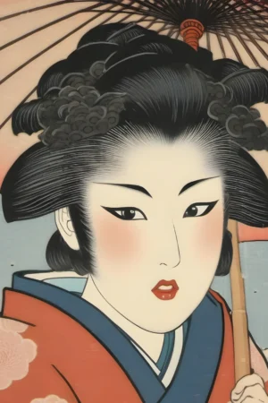Retrato de geisha japonesa estilo Ukiyo-e con sombrilla wagasa, colores azul oscuro, salmón y detalles en rojo