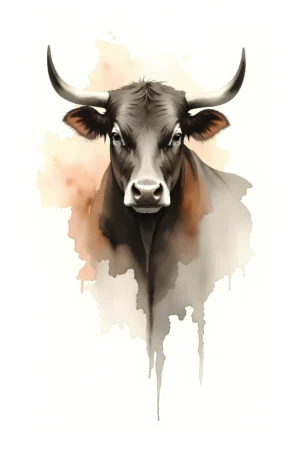Retrato de toro en estilo acuarela abstracta con goteos, en tonos marrones, grises y negros sobre fondo blanco