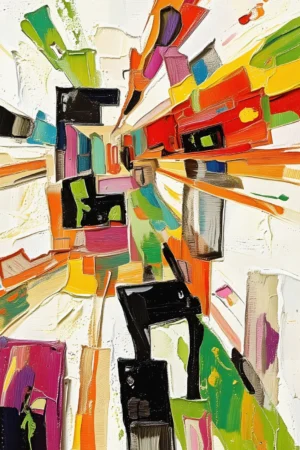 Lienzo decorativo de arte abstracto geométrico en bloques de colores naranja, rosa, verde y azul sobre fondo blanco texturizado estilo impasto