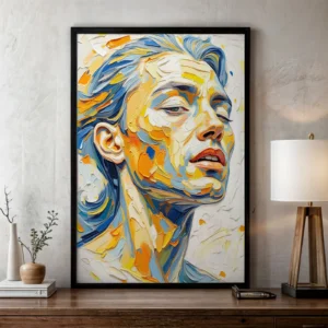 retrato impasto azul lienzo contemporáneo texturizado con cabello azul