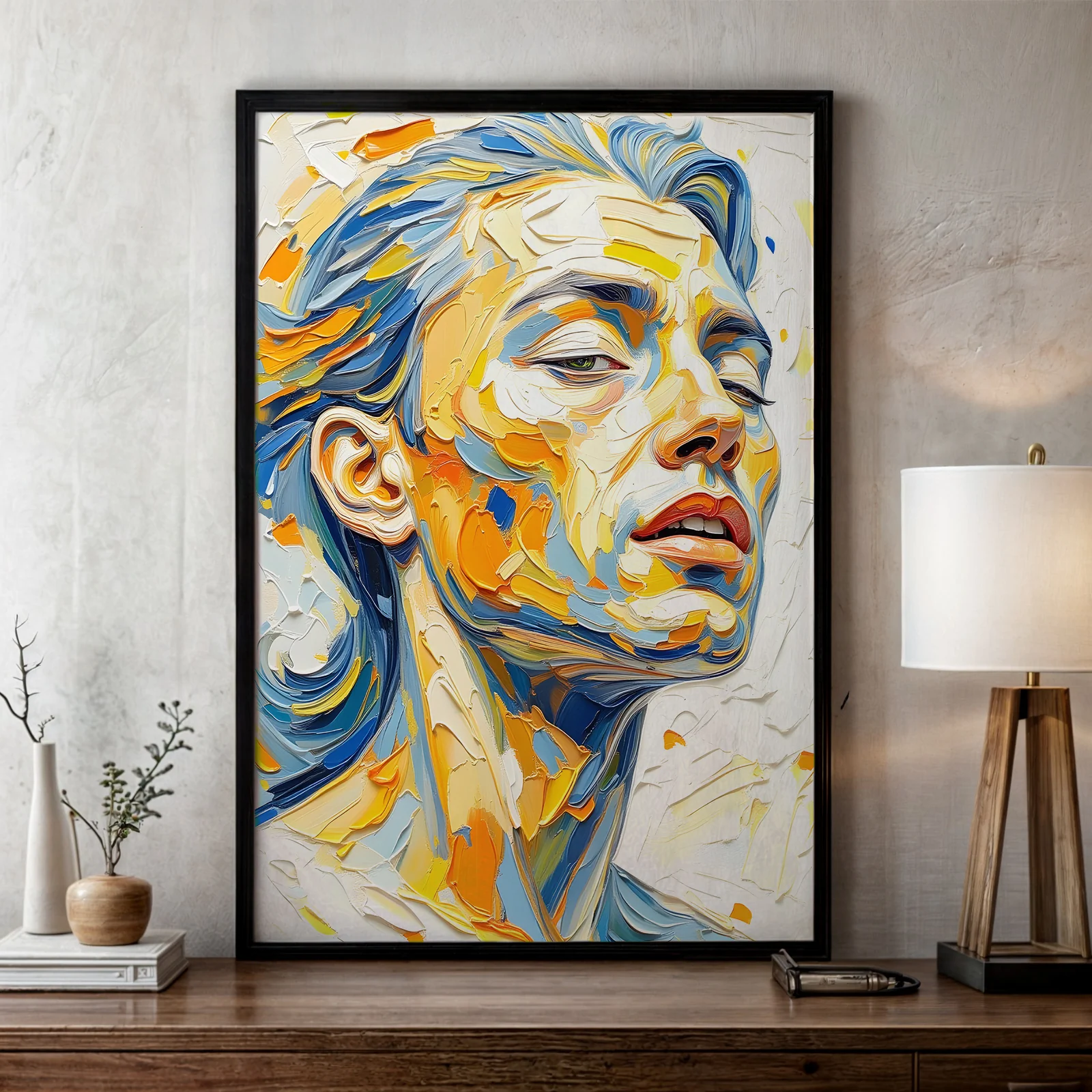 retrato impasto azul lienzo contemporáneo texturizado con cabello azul